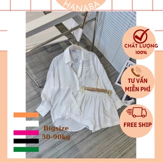 Sét áo sơ mi và quần ngắn nữ đẹp trẻ trung bigsize 50-90kg màu hồng xanh cam trắng đen