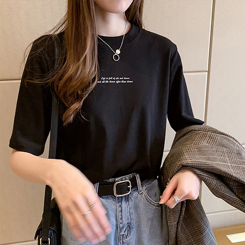WANG JIAO ZHAN Áo thun nữ WANGJIAOZHAN tay ngắn dáng rộng in chữ thời trang mới phong cách Hàn Quốc