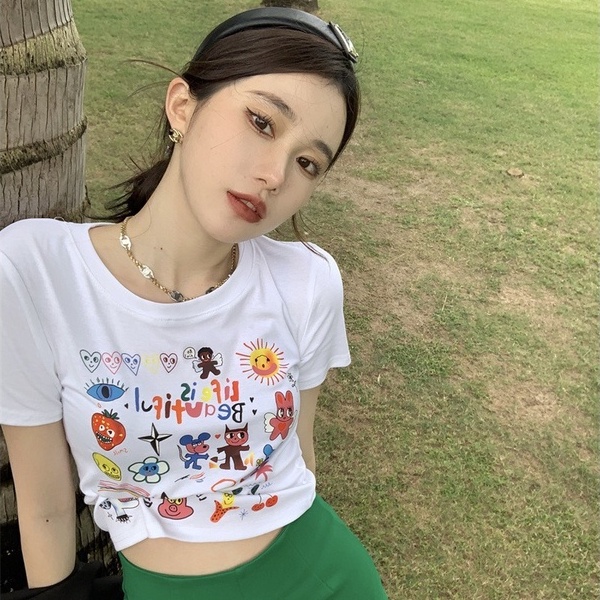 Áo thun ZHELIHANGFEI ngắn tay in họa tiết hoạt hình xinh xắn gợi cảm