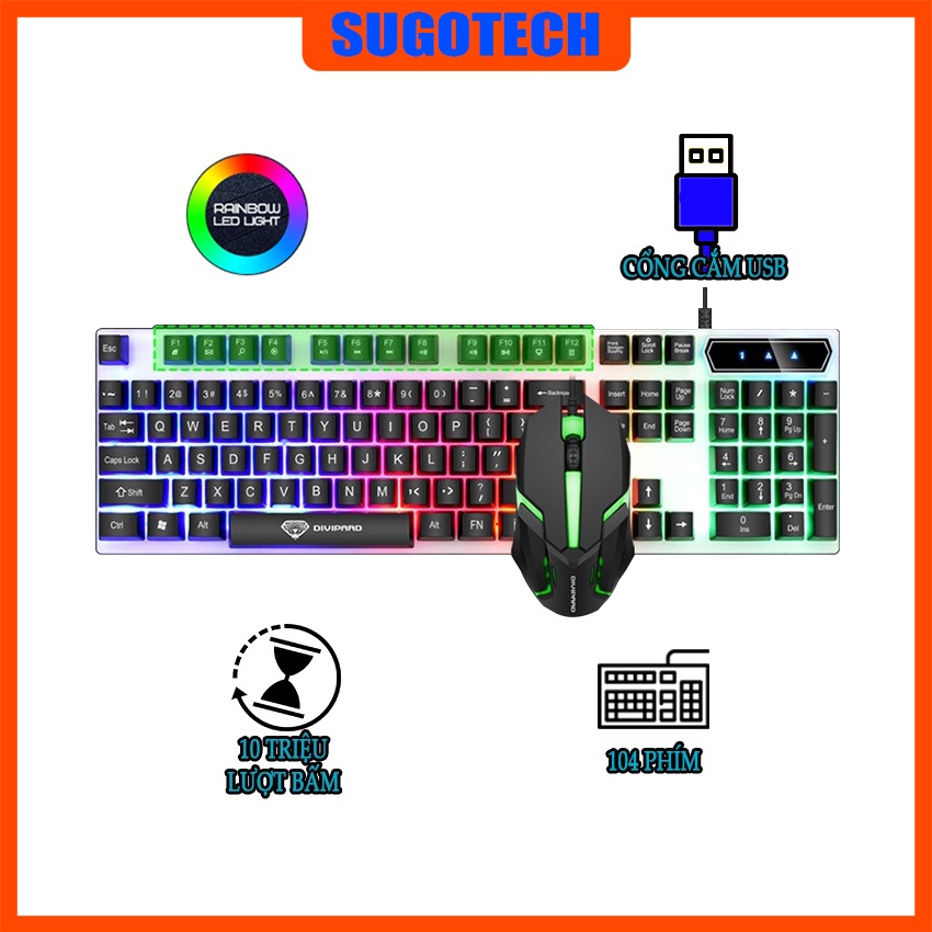 Bàn phím, combo bộ bàn phím và chuột gaming giả cơ 7 màu led Divipard