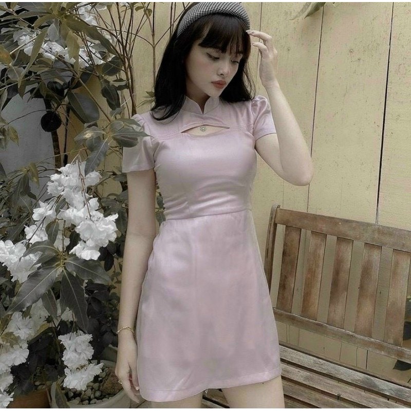 Đầm cổ tàu cut-out ngực [Ảnh thật]