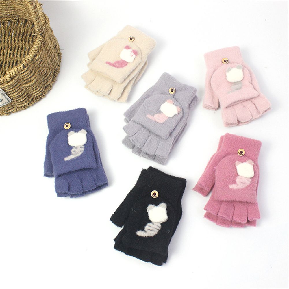 Đôi Găng Tay Lông Nhung Mềm Mại Hở Ngón Họa Tiết Mèo Dễ Thương