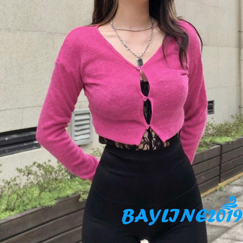 Áo Khoác Len Tay Dài Cổ Chữ V Màu Trơn Thời Trang Dành Cho Nữ