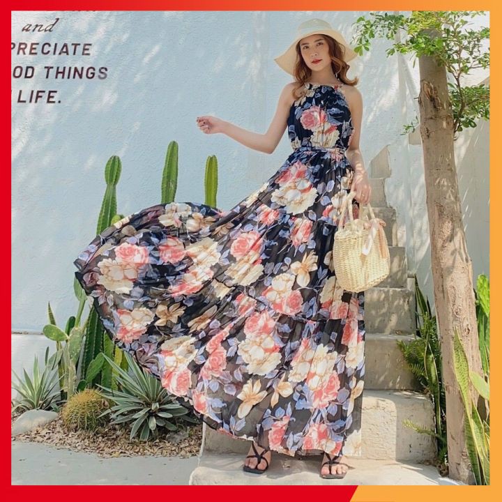 Váy maxi hoa⚡𝑺𝑰𝑬̂𝑼 𝑻𝑶̂𝑵 𝑫𝑨́𝑵𝑮⚡ Váy dáng dài đi biển, vải voan 2 lớp, mềm mại, hàng Quảng Châu cao cấp loại 1 | BigBuy360 - bigbuy360.vn
