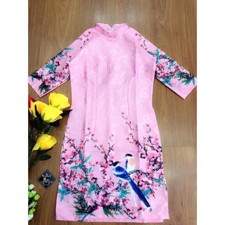 áo dài cách Tân gấm hình hoa đào