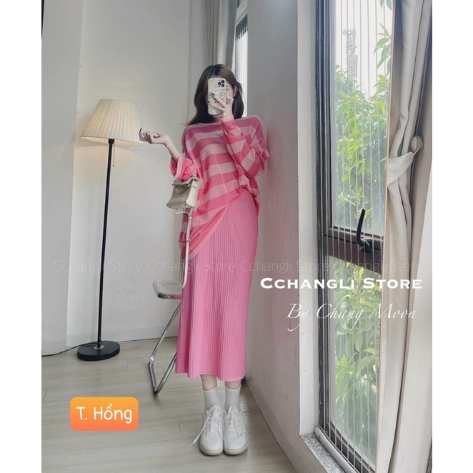 Set Áo Hở Vai Phối Chân Váy Len Dáng Dài, Set Đồ Mùa Thu Phong Cách Hàn Quốc