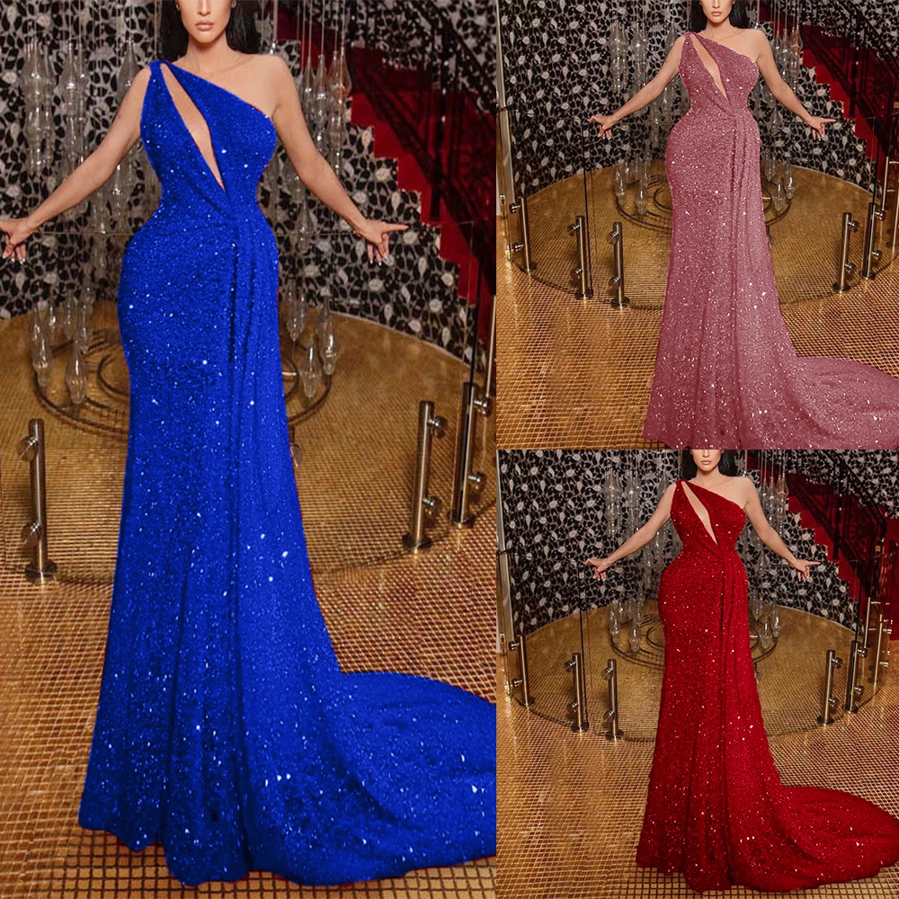 Đầm Maxi Dáng Dài Trễ Vai Đính Kim Sa Lấp Lánh Thời Trang Sang Trọng Cho Nữ