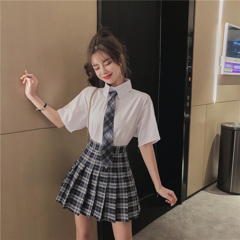 Set áo sơ mi ngắn tay mix chân váy caro kèm cà vạt💕𝑭𝑹𝑬𝑬𝑺𝑯𝑰𝑷💕 | BigBuy360 - bigbuy360.vn
