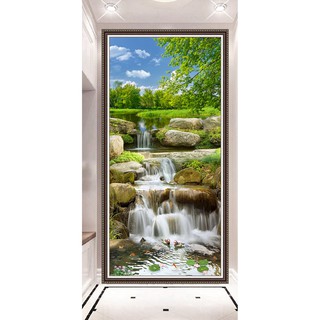 Tranh dán tường HD Đôi uyên ương bên thác nước đẹp HDOC210 kim sa khổ dọc