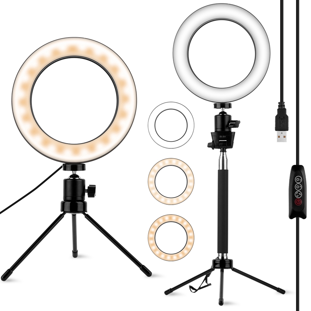 3PCS/Set 6.2 Inch LED Ring Live Light Mini Metal Tripod Telescopic Pole YouTube Makeup Live Dimmable Phone Camera Selfie Lamp