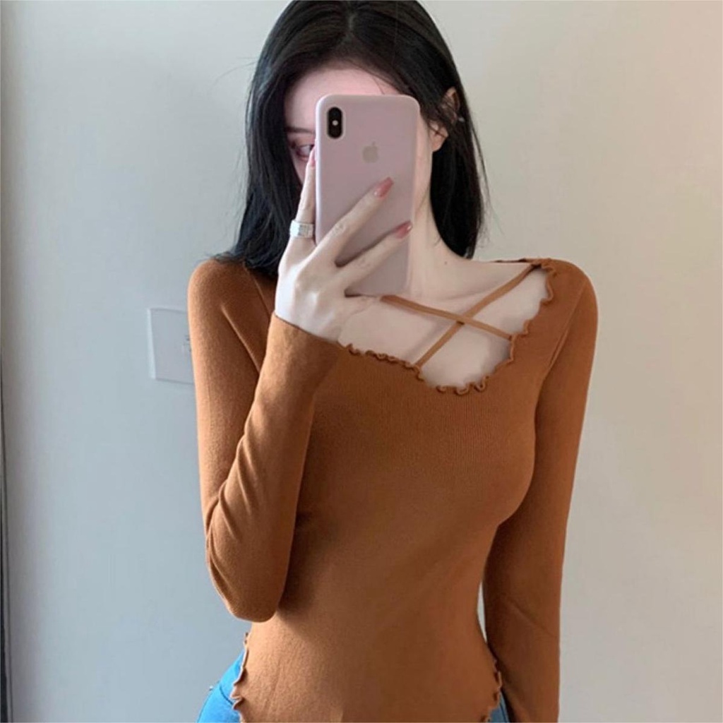 Áo dệt kim ZHELIHANGFEI tay dài thiết kế không cân xứng thời trang cho nữ