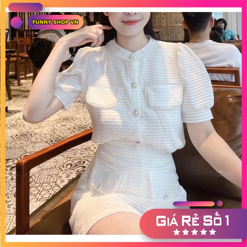 Set váy chữ A áo sơ mi cổ tròn viền ren ngọc xinh xắn