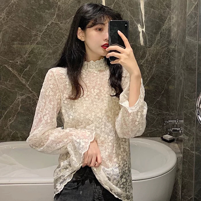 SUXI Áo kiểu tay loe dài phối ren hoa phong cách vintage