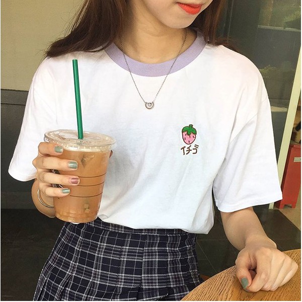 Áo thun SUXI cổ tròn dáng rộng thêu hình trái cây xinh xắn cho nữ