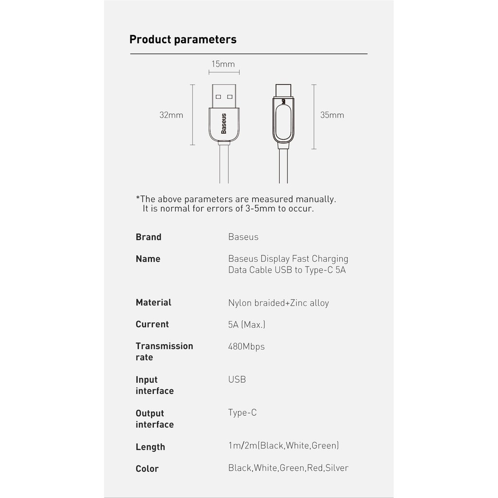 Cáp Sạc Nhanh Xiaomi Huawei Samsung Cổng USB Type-C 5A Có Màn Hình LED Thương Hiệu Baseus