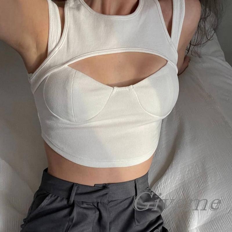 Áo Croptop Không Tay Cổ Tròn Màu Trơn Thiết Kế Khoét Lỗ Thời Trang Cho Nữ
