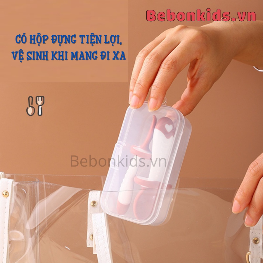 Bộ Thìa dĩa ăn dặm cho bé cao cấp có nút chặn chống hóc có hộp đựng đi kèm