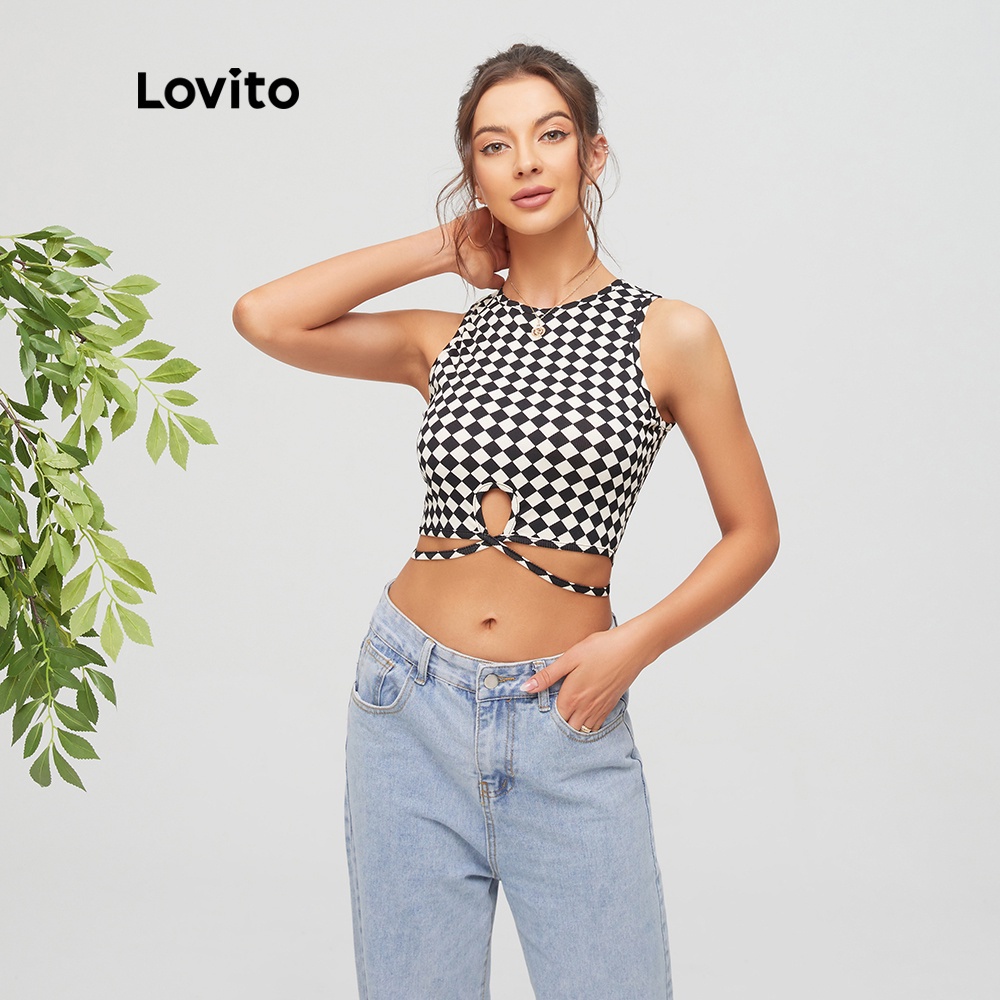 Lovito Áo tank top cổ tròn cắt chéo họa tiết kẻ sọc màu đen thời trang cho nữ L11D03
 | BigBuy360 - bigbuy360.vn
