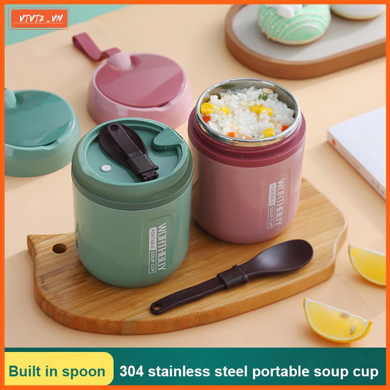 Cá Tuyết 304 Thép Không Gỉ Sữa Có Thìa Hộ Gia Đình Di Động Cách Nhiệt Canh Cup Mini Ăn Sáng Bột Yến Mạch Cup