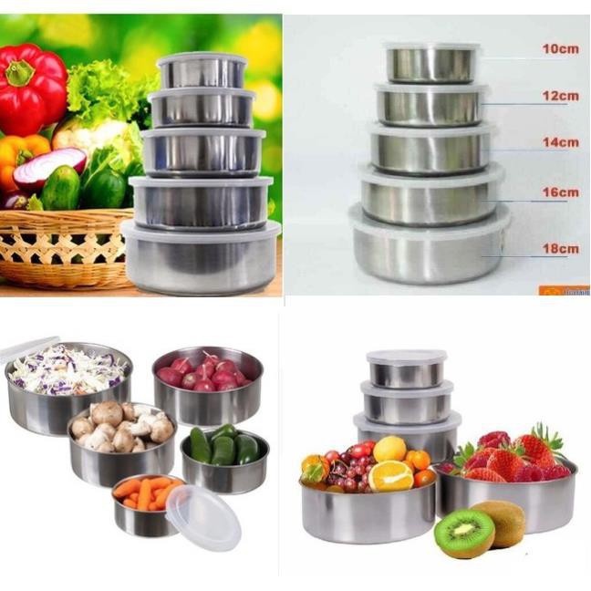 bộ 5 bát inox có nắp đậy, bát inox lưu trữ thức ăn, đậy vệ sinh chống ruồi muỗi