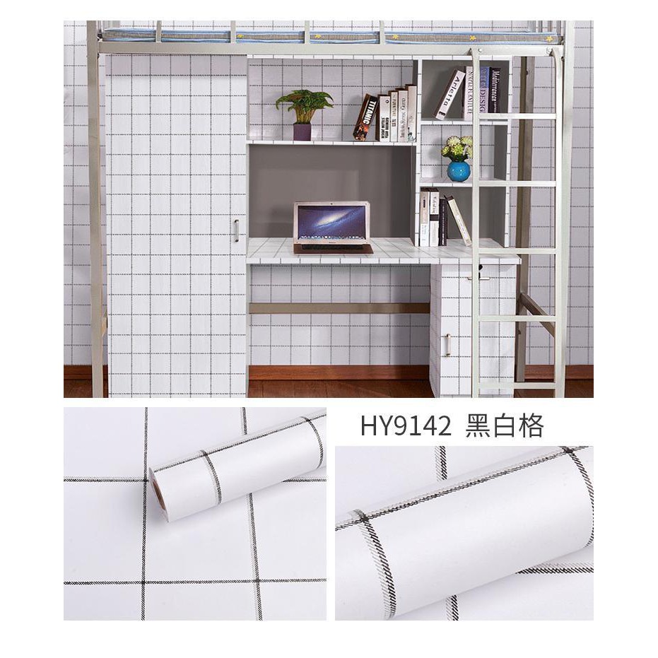 Cuộn 10m Giấy dán tường có keo sẵn sọc caro trắng (có ảnh thật)
