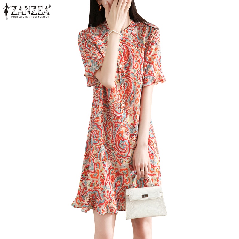 Đầm midi Zanzea tay ngắn cổ đứng phối bèo phong cách Hàn Quốc thời trang cho nữ