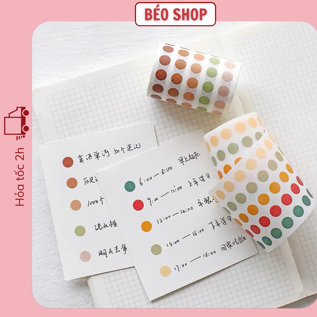 Cuộn miếng dán chấm tròn nhỏ Béo shop washi chấm nhỏ nhiều màu dùng trang trí sổ ghi chú, note việc cần làm tiện lợi