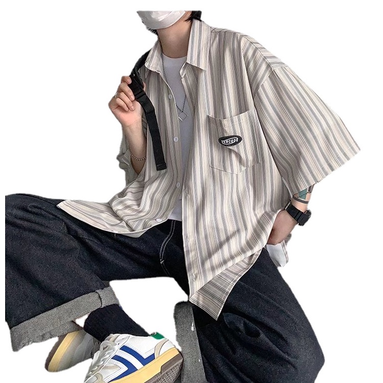 Áo Sơ Mi Tay Ngắn Dáng Rộng Cỡ Lớn Kẻ Sọc Thoáng Khí Kiểu Hip-Hop Đường Phố Nhật Bản Cá Tính Cho Nam