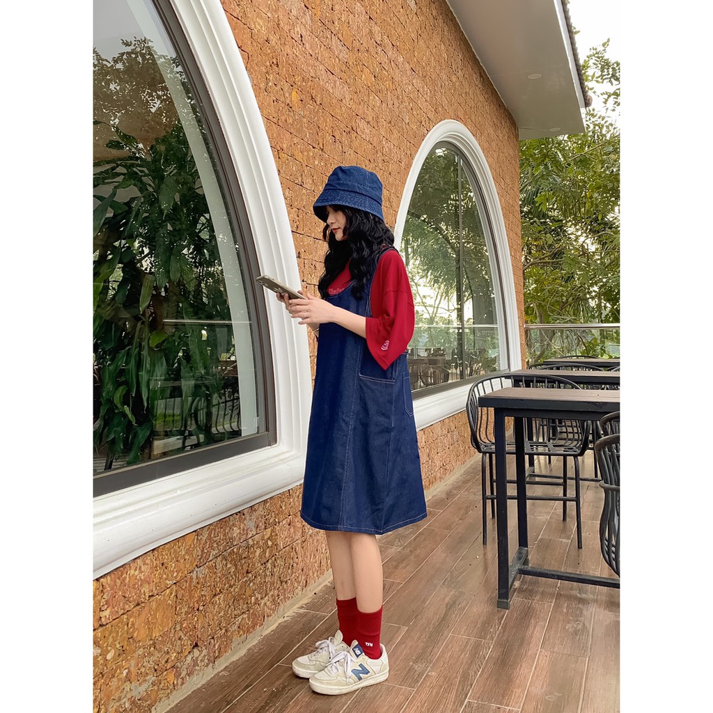 Yếm váy lửng jeans xanh đậm judy