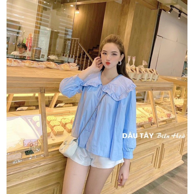 Áo sơmi xanh baby blue tay phồng cổ sen bèo xếp ly