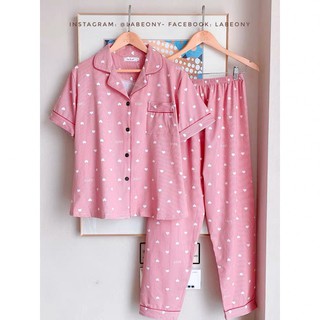 Đồ ngủ nữ Pijamas mặc nhà tay ngắn, quần dài hồng trái tim thun cotton Labeony