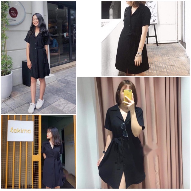 Đầm Đen form suông rộng có dây thắt cột điều chỉnh eo thon gọn thiết kế cổ chữ V | BigBuy360 - bigbuy360.vn