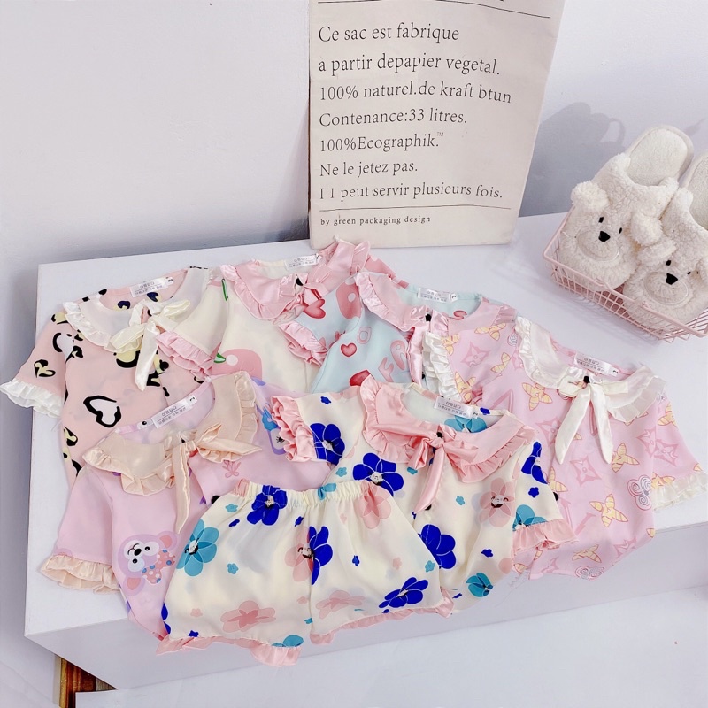 Bộ đồ ngủ Pijama bé gái, Set đồ bộ mặc nhà áo cộc, quần cộc lụa siêu mát