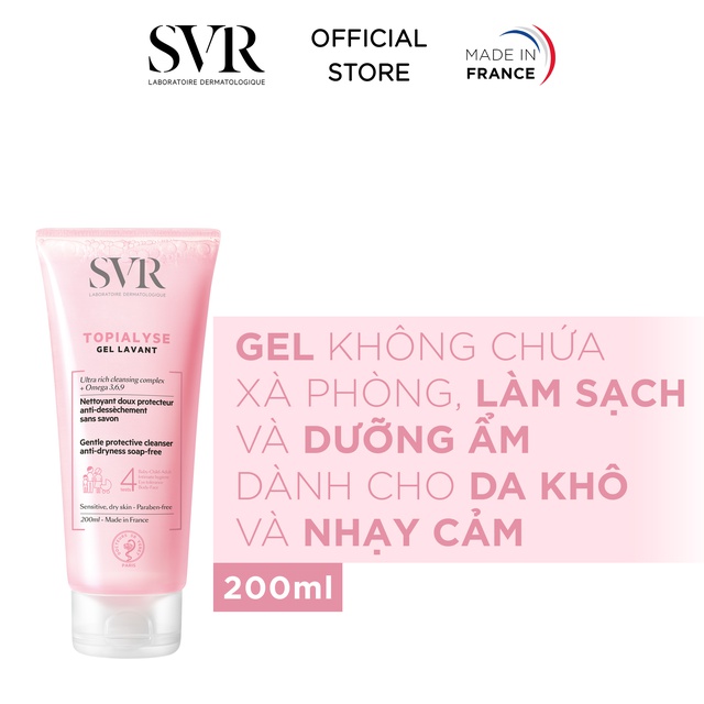 Gel rửa mặt làm sạch không chứa xà phòng cho da khô và da nhạy cảm SVR TOPIALYSE Gel Lavant 200ml [Nhập Khẩu Chính Hãng]