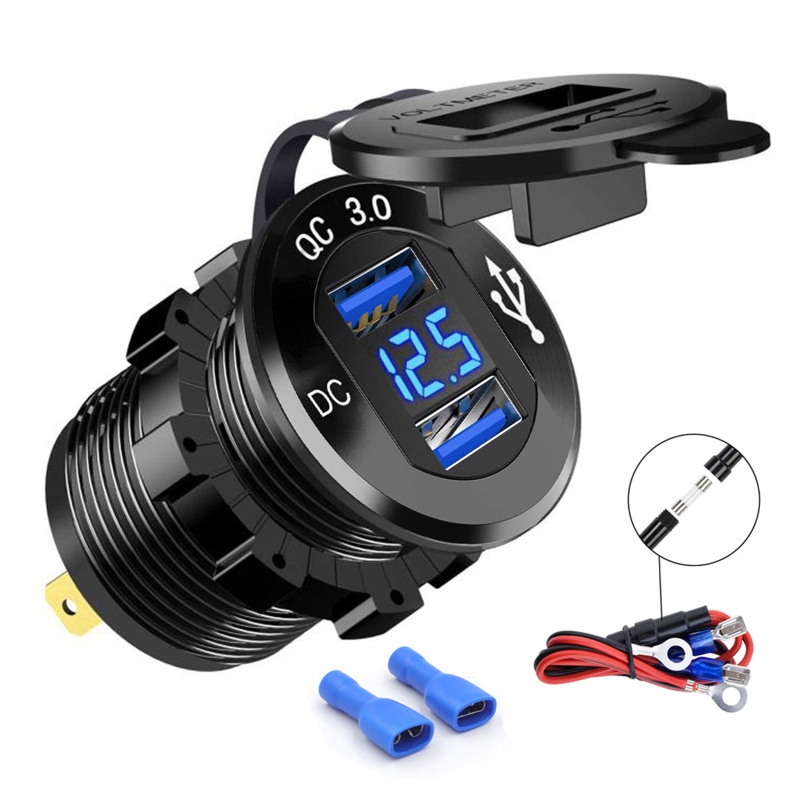 Cục Sạc Nhanh Cổng USB Kép Cho QC 3 0 Với Vôn Kế LED 12V
