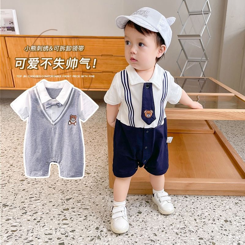 Bộ Áo Liền Quần Giả Hai Mảnh Tay Ngắn Cổ Bẻ Thoáng Khí In Họa Tiết Dễ Thương Thời Trang Mùa Hè Cho Bé Trai