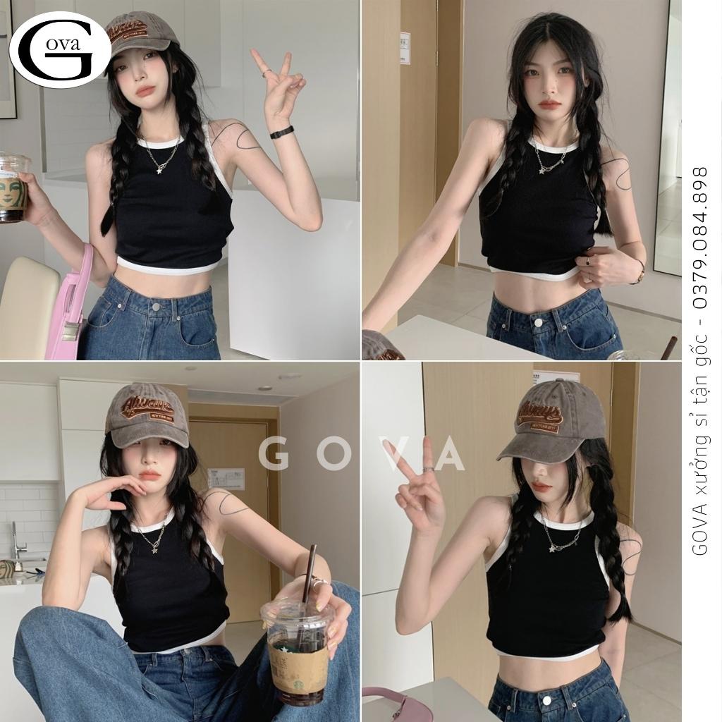 Áo Croptop BA LỖ PHỐI Đen Trắng Basic Trơn Nữ Thun Gân Kiểu Ôm Body GOVA