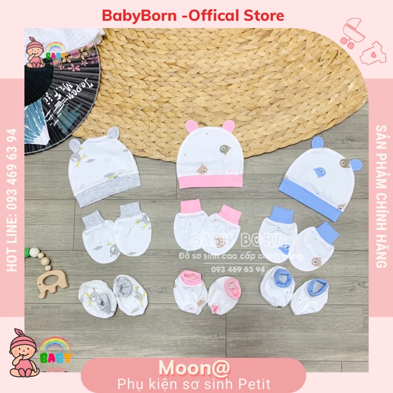 Phụ kiện sơ sinh mũ, bao tay chân, yếm MOON hoạ tiết gấu chất petit mềm mịn cho bé