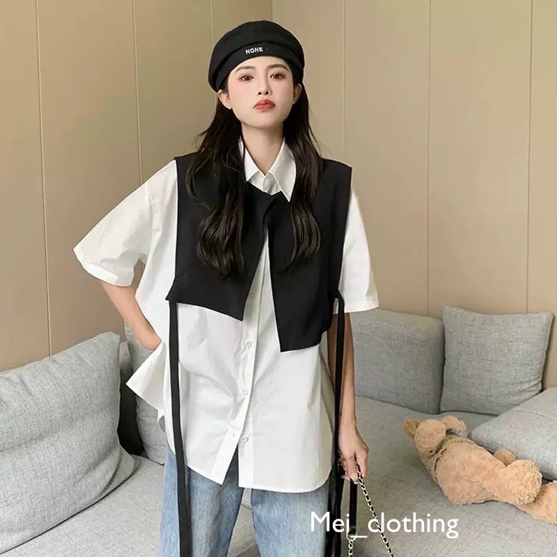 Set sơmi kèm gile vạt lệch Ulzzang cá tính, sơ mi nữ