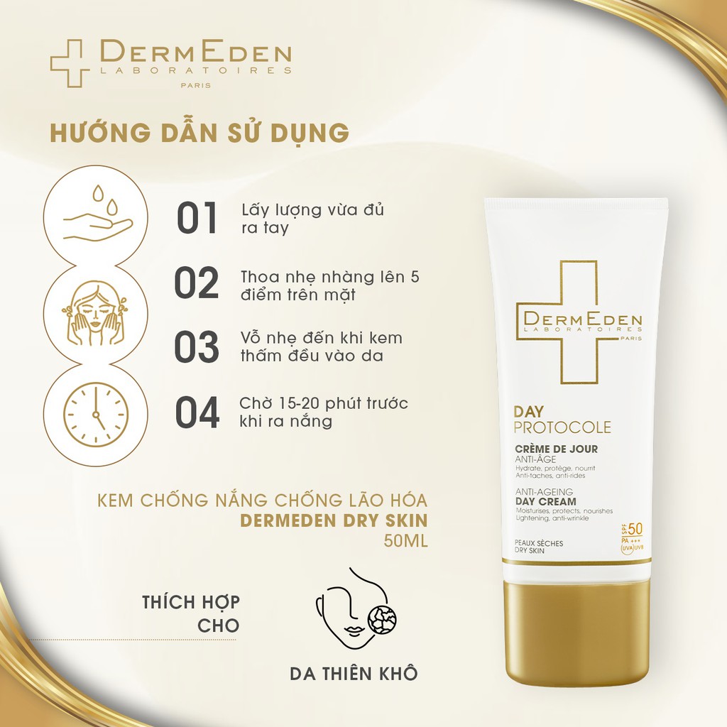 Kem dưỡng da ban ngày cho da khô DermEden 3 trong 1 chống nắng, chống lão hóa, dưỡng ẩm Anti-Ageing SPF50 PA+++ 50ml