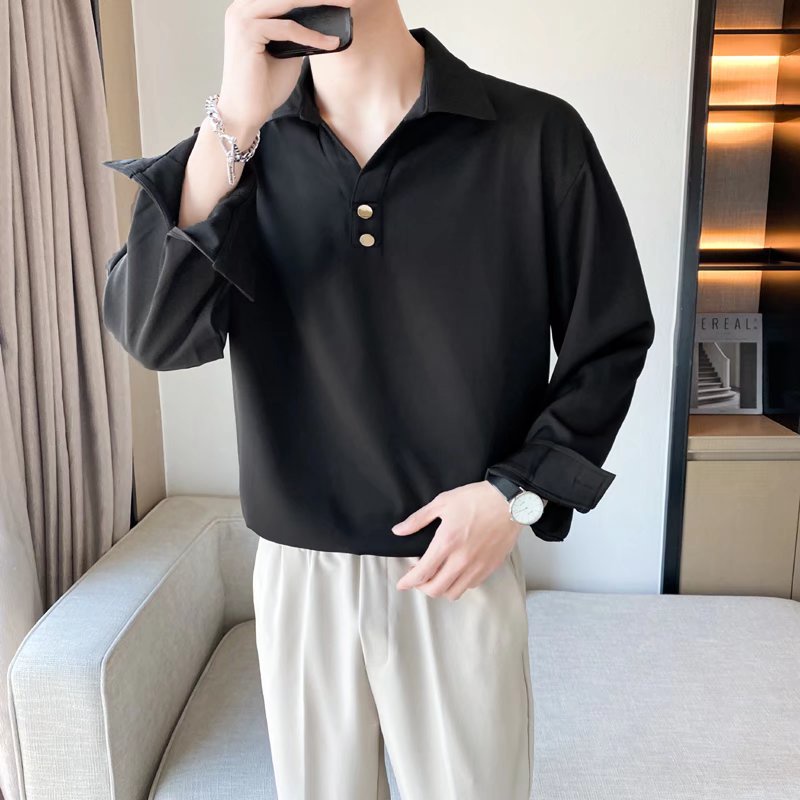 Áo Thun Polo Màu Trắng Đen Tay Dài Phối Nút Phong Cách Hong Kong Trẻ Trung Cho Nam Cỡ M-2XL