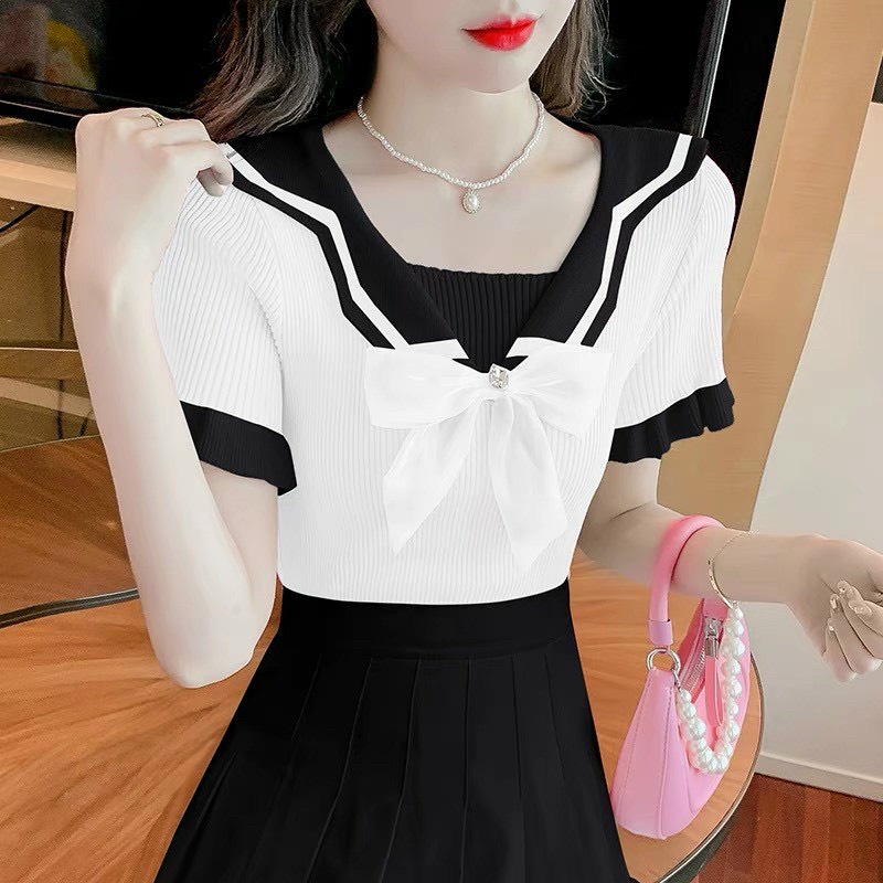 [L2M] Áo len nữ dệt kim Montoghi CÀI NƠ CỔ dáng ôm kết hợp TAY BÈO Quảng Châu ngắn xinh xắn