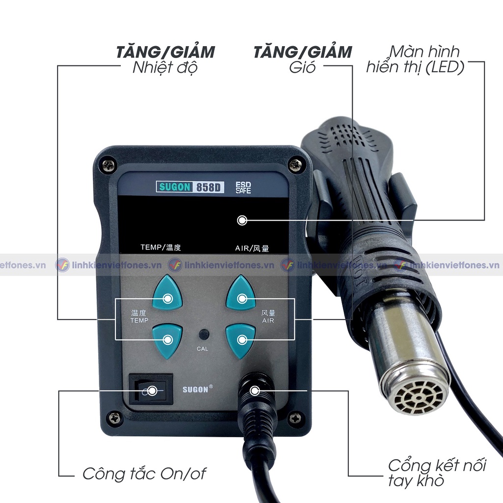 Máy khò Sugon 858D 700W, 100 – 500 độ, ngủ tự động