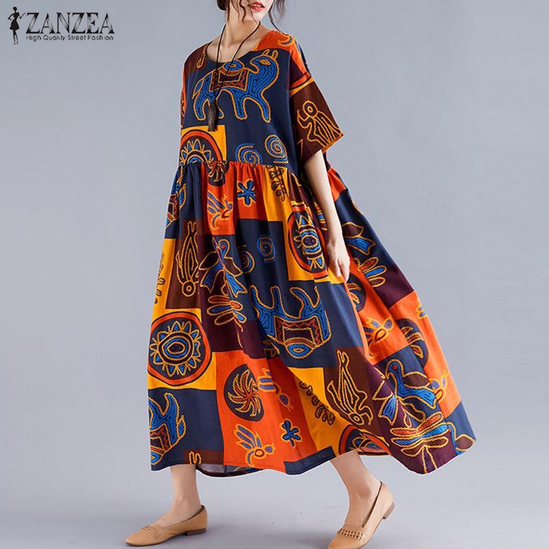 Đầm maxi ZANZEA dáng rộng tay cánh dơi in họa tiết thời trang cho nữ