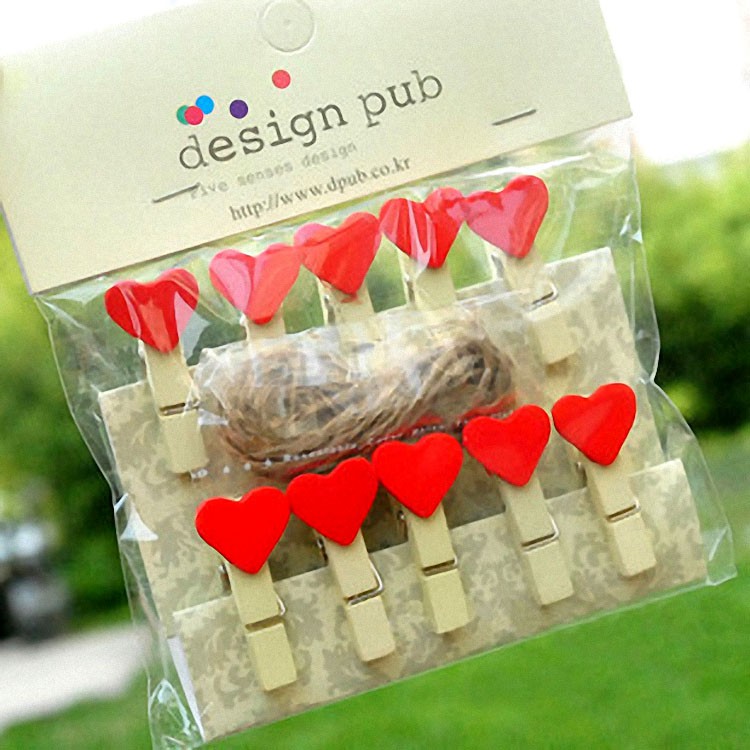 SET 10 Cái Kẹp Gỗ Sơn Design Pub hình Trái tim (Tặng 1,5m dây cói)