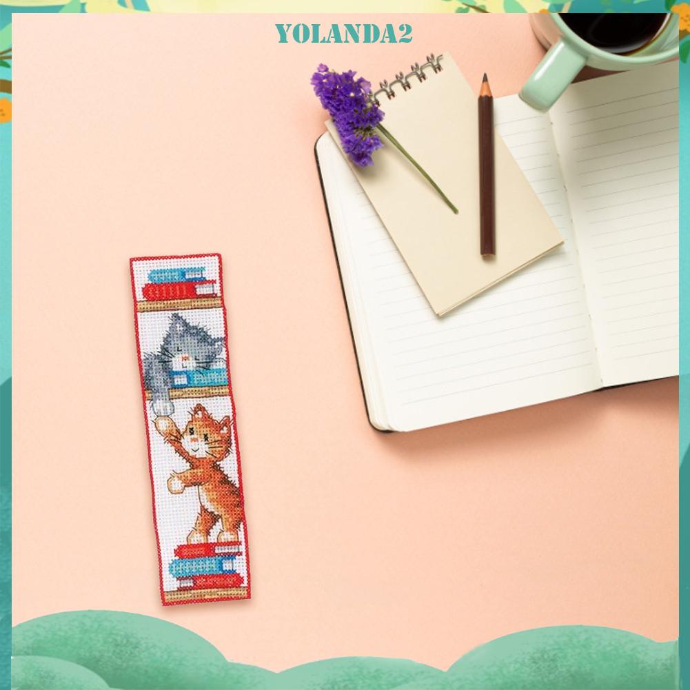 (canvas no printing)  Bộ dụng cụ đánh dấu sách vải cotton 14CT thêu hình mèo dễ thương