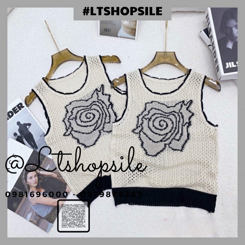 Áo len hoa sát nách viền đen, kèm ảnh thật chụp sàn