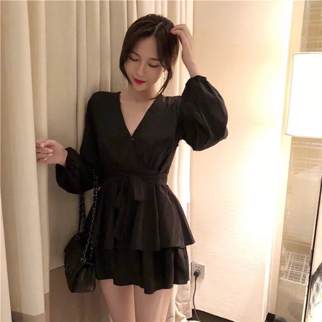 KÈM ẢNH THẬTĐầm Cổ V Đắp Chéo đen/ đỏ