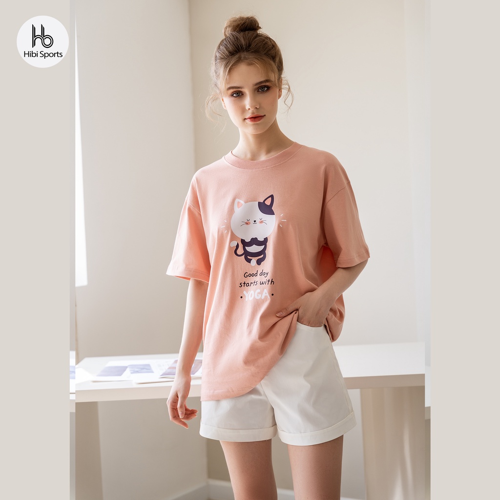 Áo thun tay lỡ Hibi Sports YOGA CAT ST005 kiểu phông unisex nam nữ, vải cotton Premium, form oversize