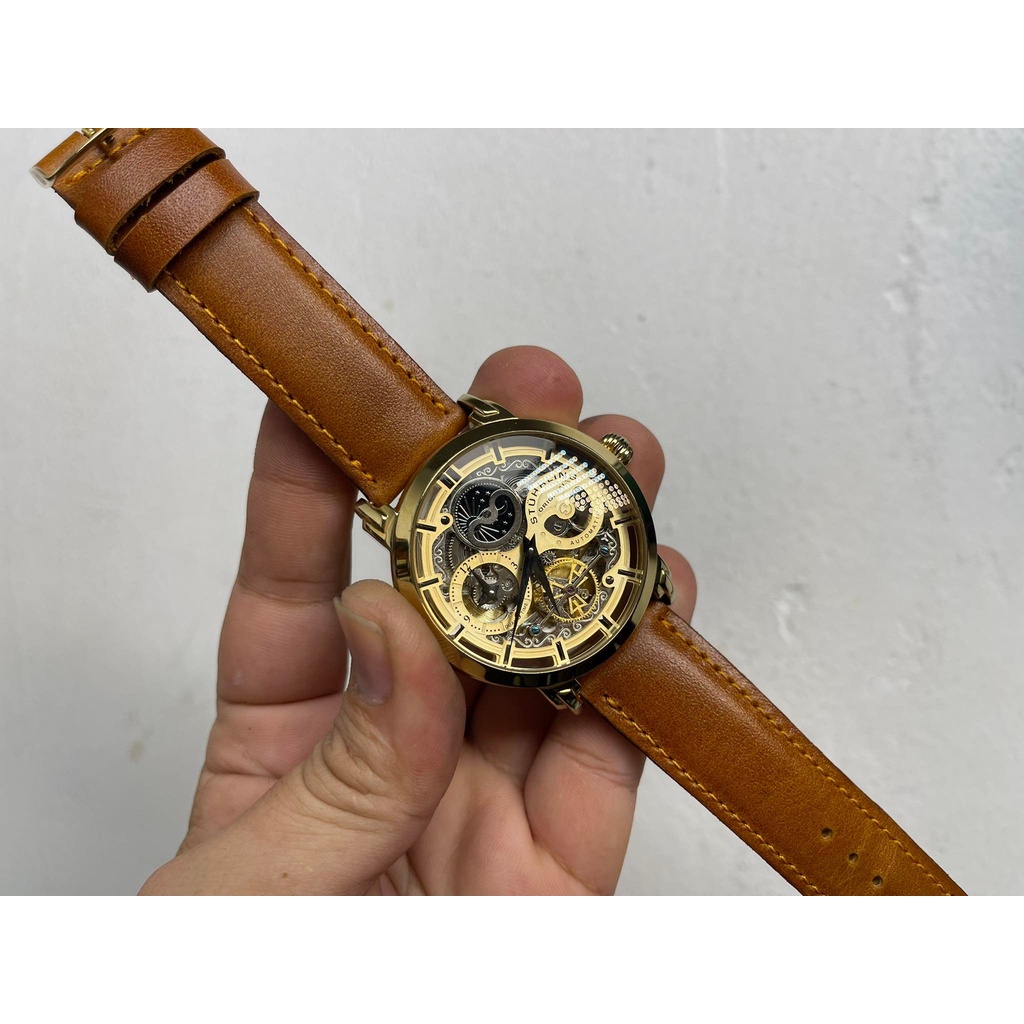 Đồng hồ cơ tự động nam Stuhrling size 47 màu gold dây da cá tính